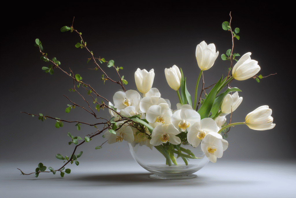 tulips and orchids in flower arrangements