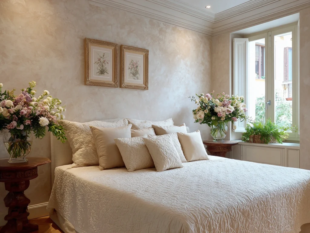 BedRoom Decor: The Harmony of Venetian Plaster and flower arrangement
