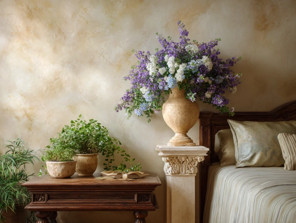 BedRoom Decor: The Harmony of Venetian Plaster and flower arrangement