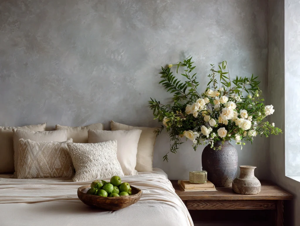 BedRoom Decor: The Harmony of Venetian Plaster and flower arrangement
